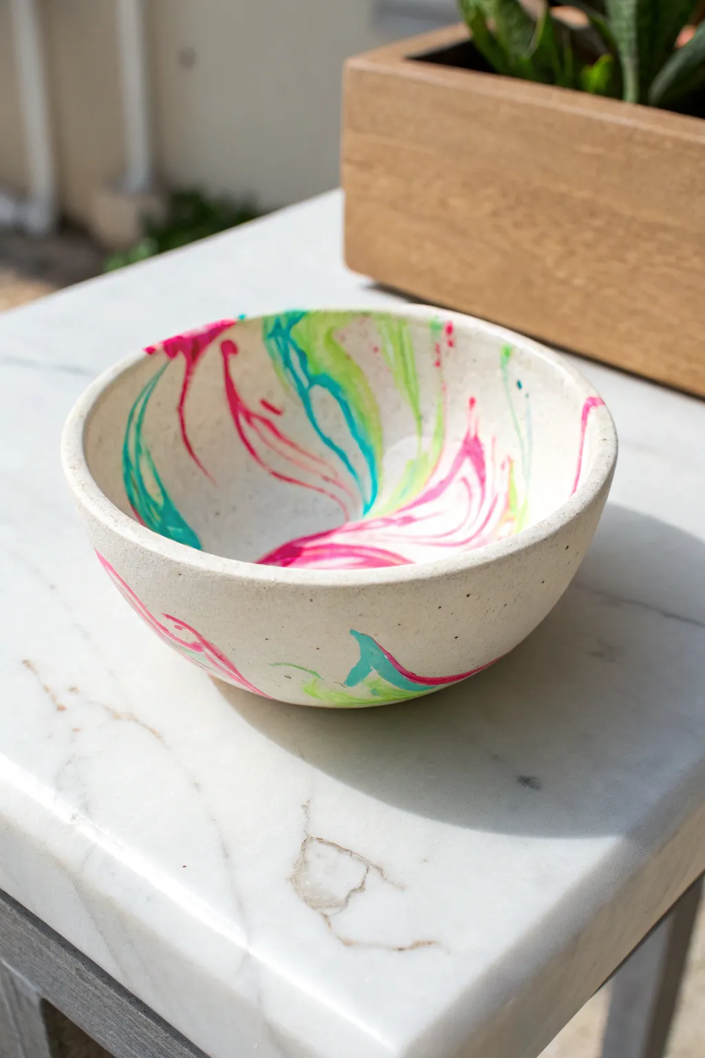 Neon marbled catchall bowl in hot pink, lime, and aqua on a calm neutral tabletop.