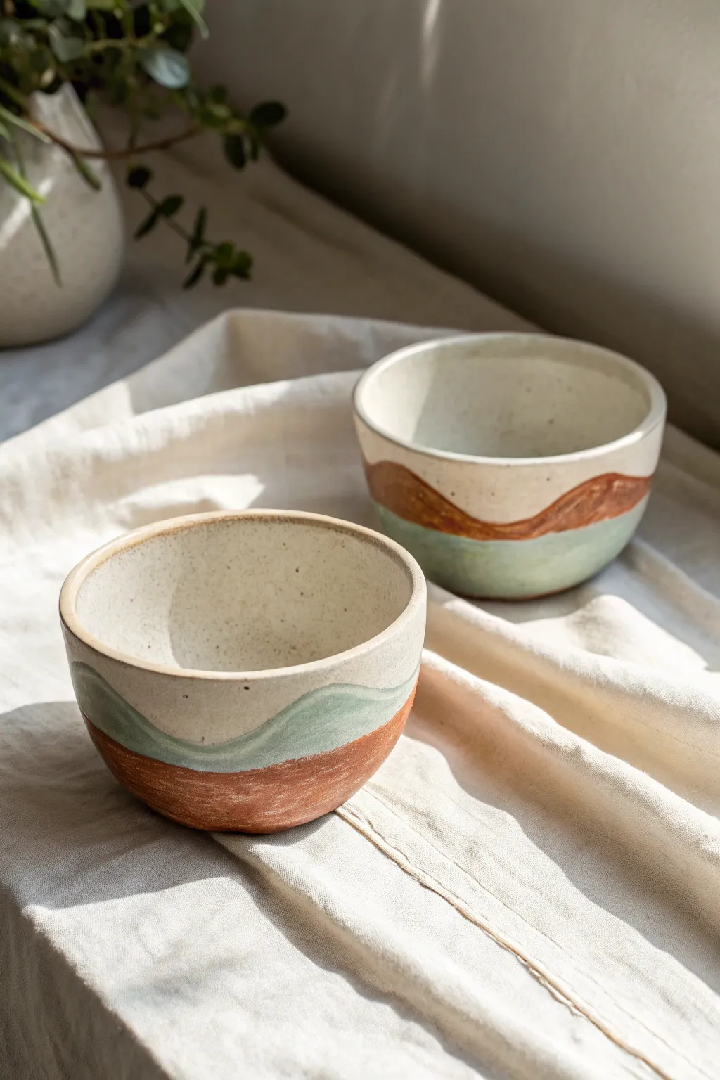 Two organic air dry clay pinch pots with muted wavy paint for a calm, modern boho look