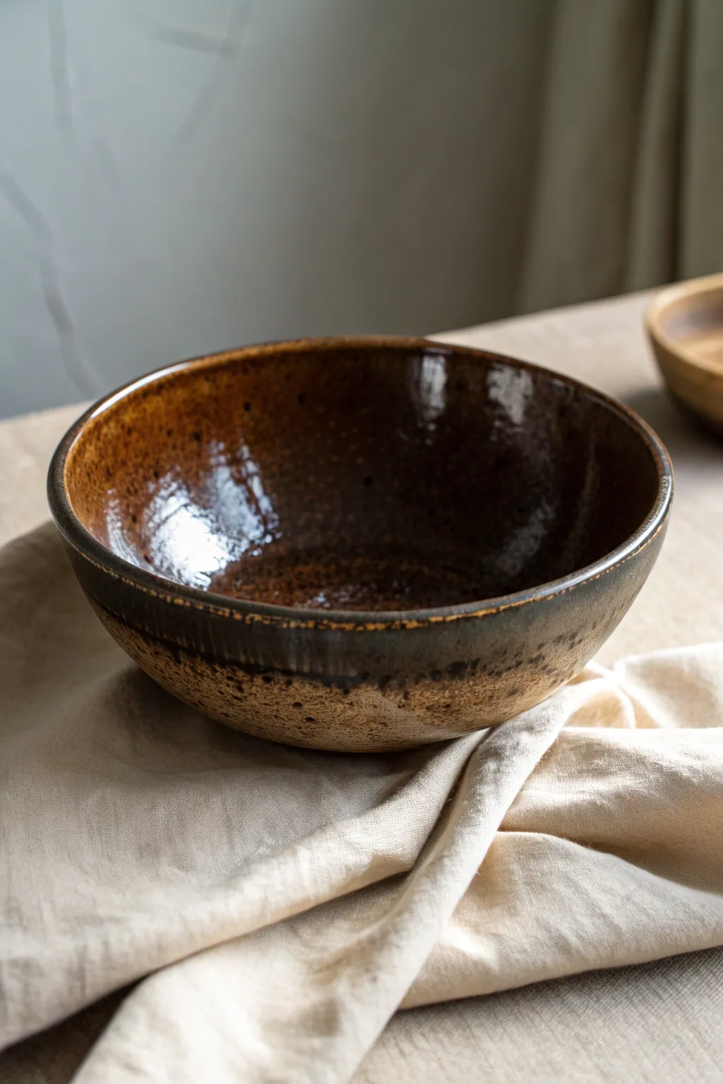 Dark tenmoku bowl with bronze oil-spot speckles, glossy shine, and minimalist styling.