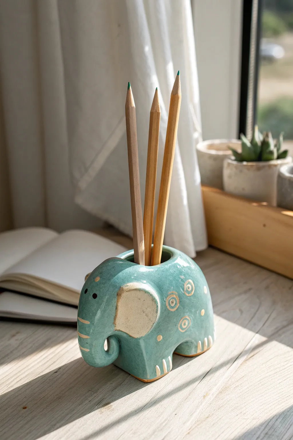 Glossy clay elephant holder for pencils or toothbrushes, a simple DIY desk accent with Nordic calm.