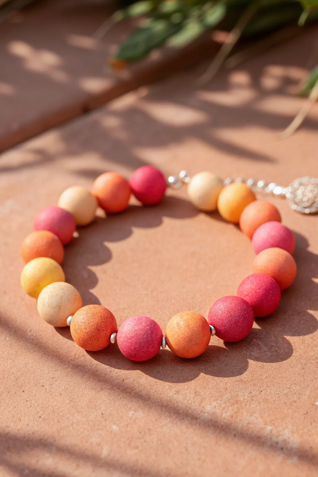 Sunset ombre clay bead bracelet in warm pink-to-gold tones, styled minimal and boho.