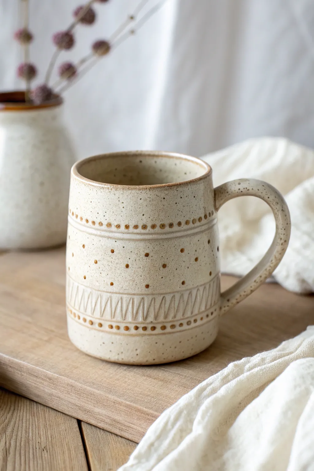 Stamped texture bands and a single satin glaze make this minimalist mug quietly eye catching.