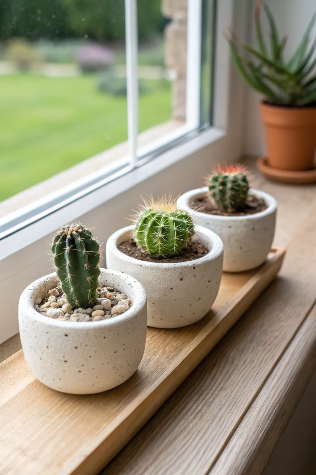 Three handmade pinch pot planters with tiny cacti, minimal Scandinavian style with boho warmth