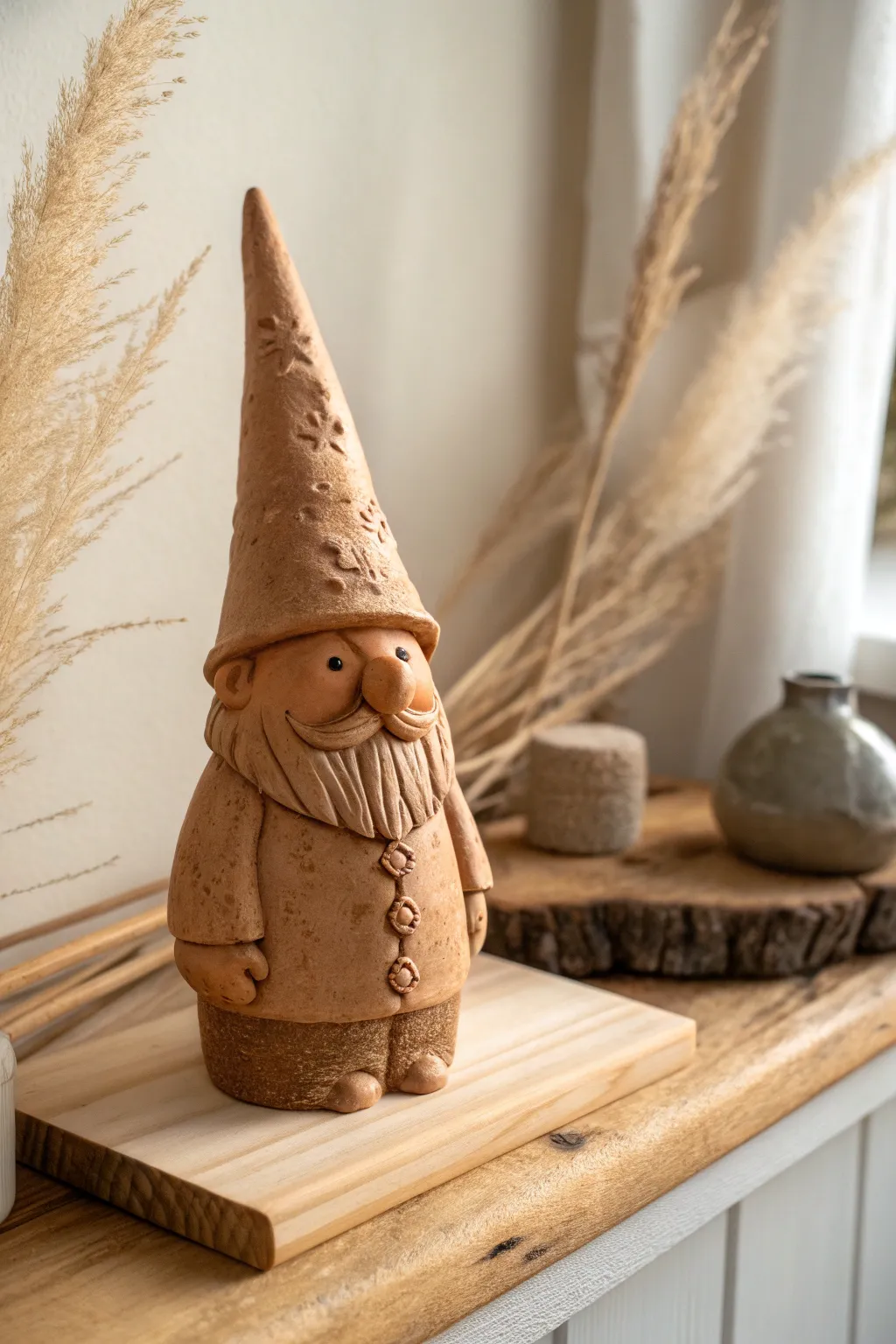 Tiny clay gnome with tall hat and cozy texture, perfect shelf charm in soft Nordic light.