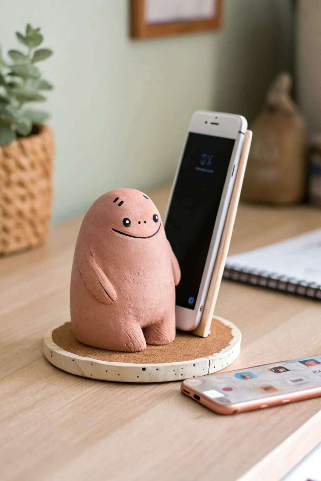 A cute clay desk buddy phone stand that keeps your screen upright and your space extra sweet