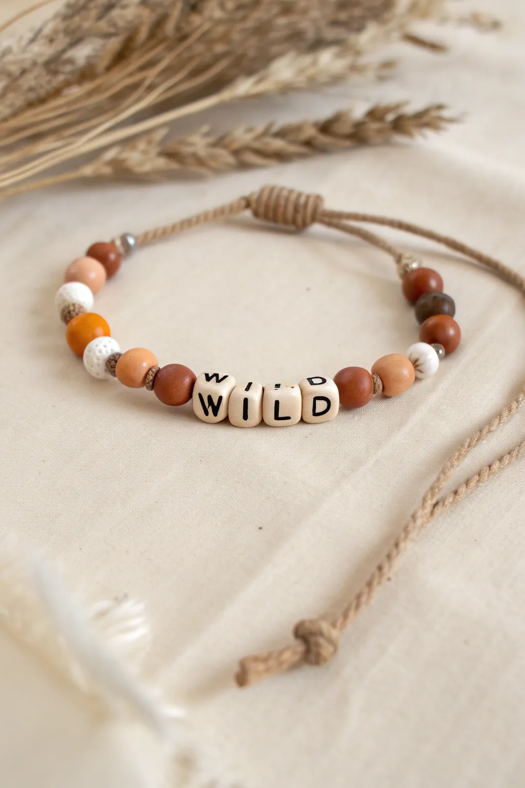 Minimalist country clay bead bracelet in warm neutrals with a bold WILD word statement