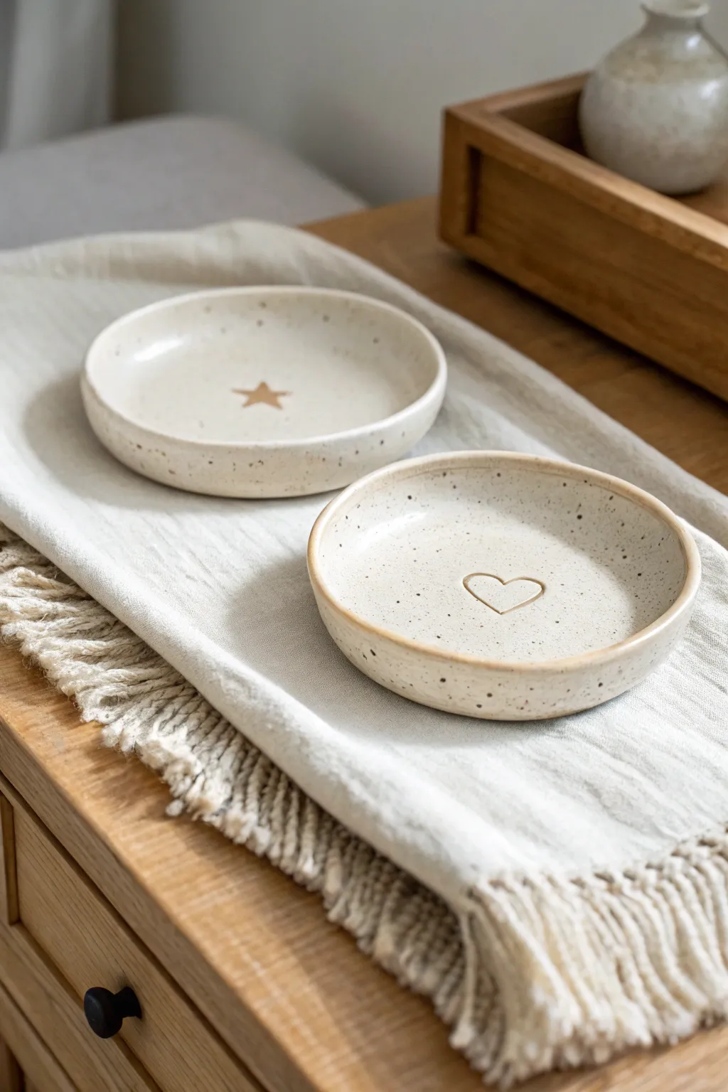 A sweet matching ring dish duo: one heart, one star, in calm neutral tones for two.