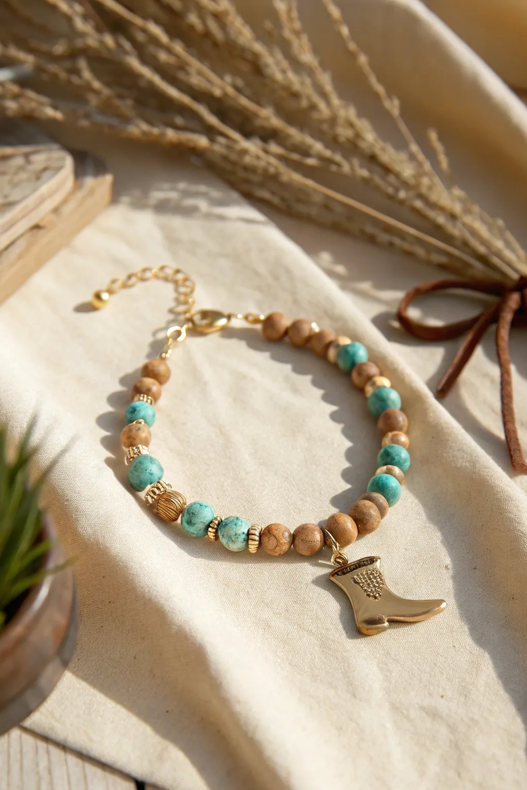 Boot charm focal bracelet with turquoise and tan clay beads, minimalist cowgirl style