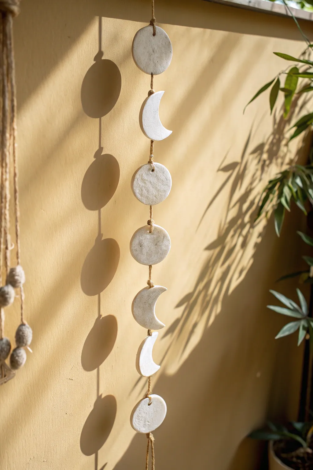 Minimal moon phase wall hanging in textured off-white air dry clay, soft shadows on a neutral wall.