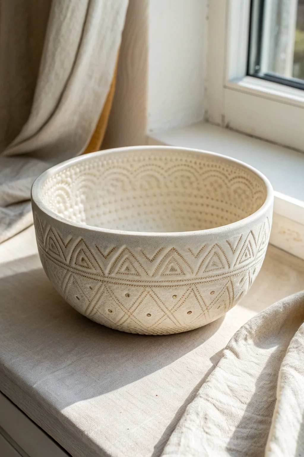 Stamped texture bowl with a calm single-color glaze, minimalist styling that lets the relief shine.