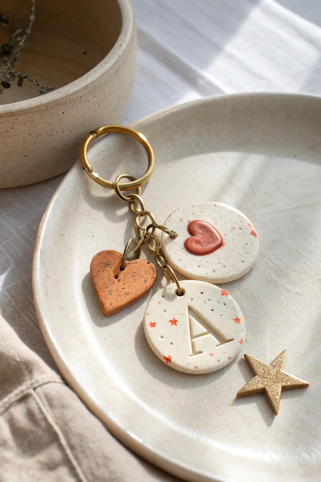 Minimal clay charm keychain with initial, heart, and star in calm Scandinavian boho style.
