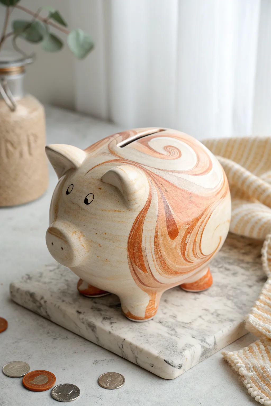 Marbled cream and terracotta pig bank with dreamy swirls, a sweet minimalist clay savings buddy.