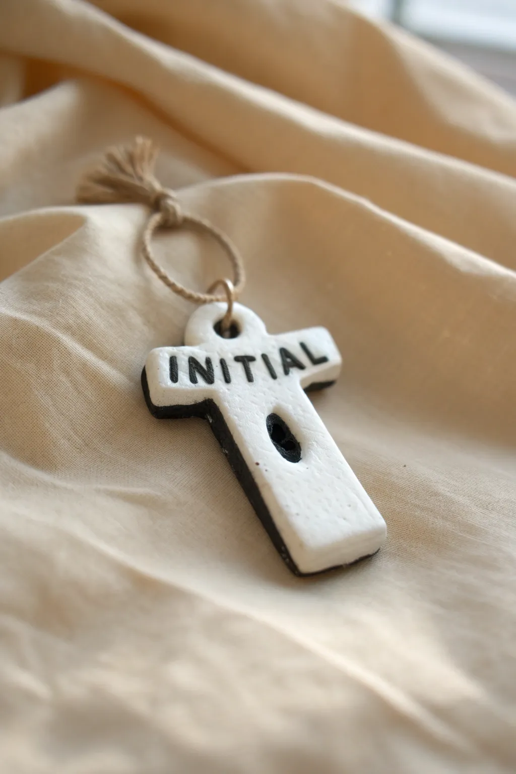 Chunky clay initial charm with bold contrast and a simple cord loop, made for keys or bags.