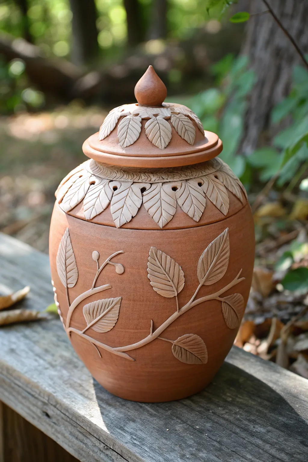 Forest-inspired clay jar with leafy canopy lid and trailing vines, simple and soothing.