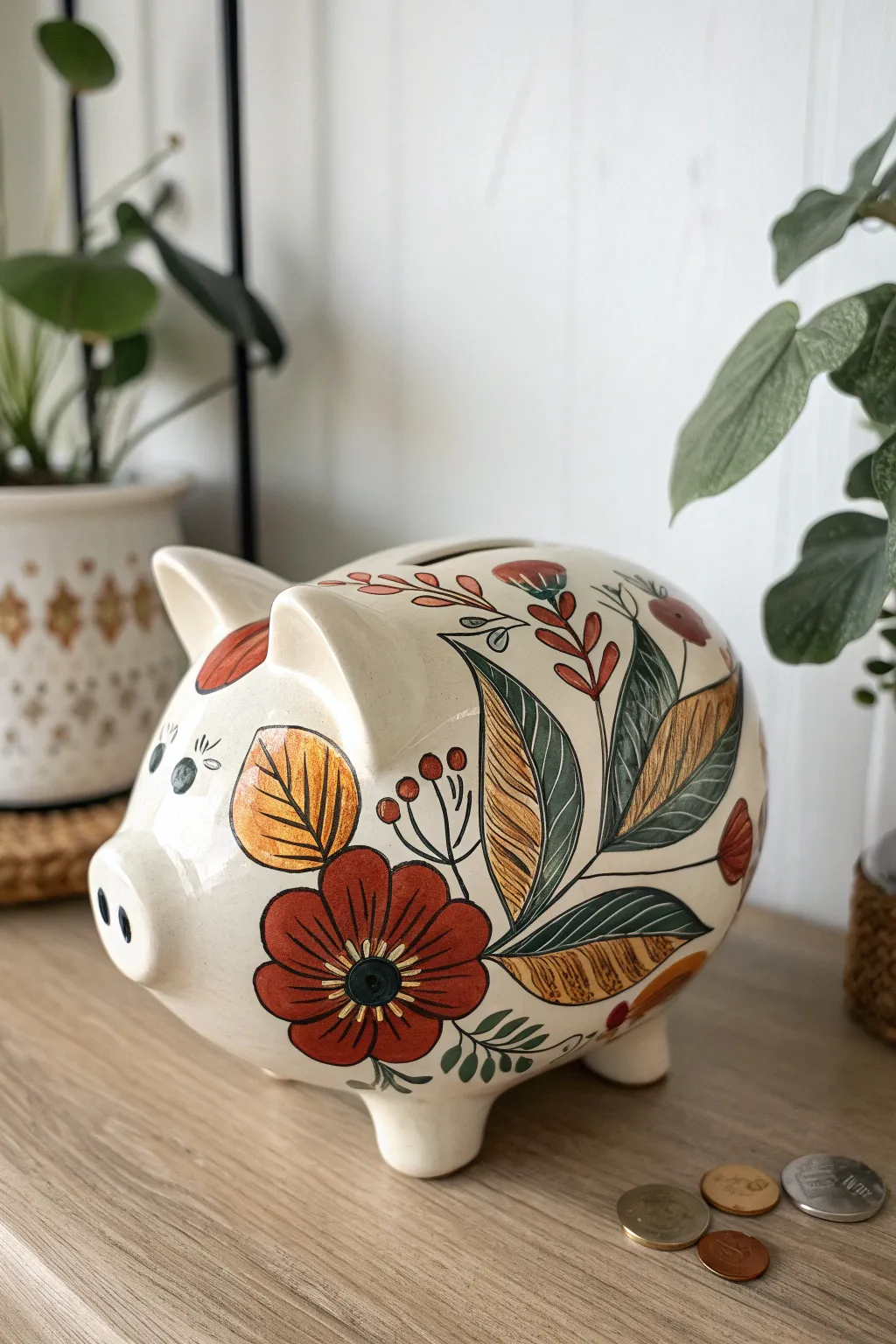 Bold folk-art florals turn this minimalist ceramic piggy bank into a charming boho statement.