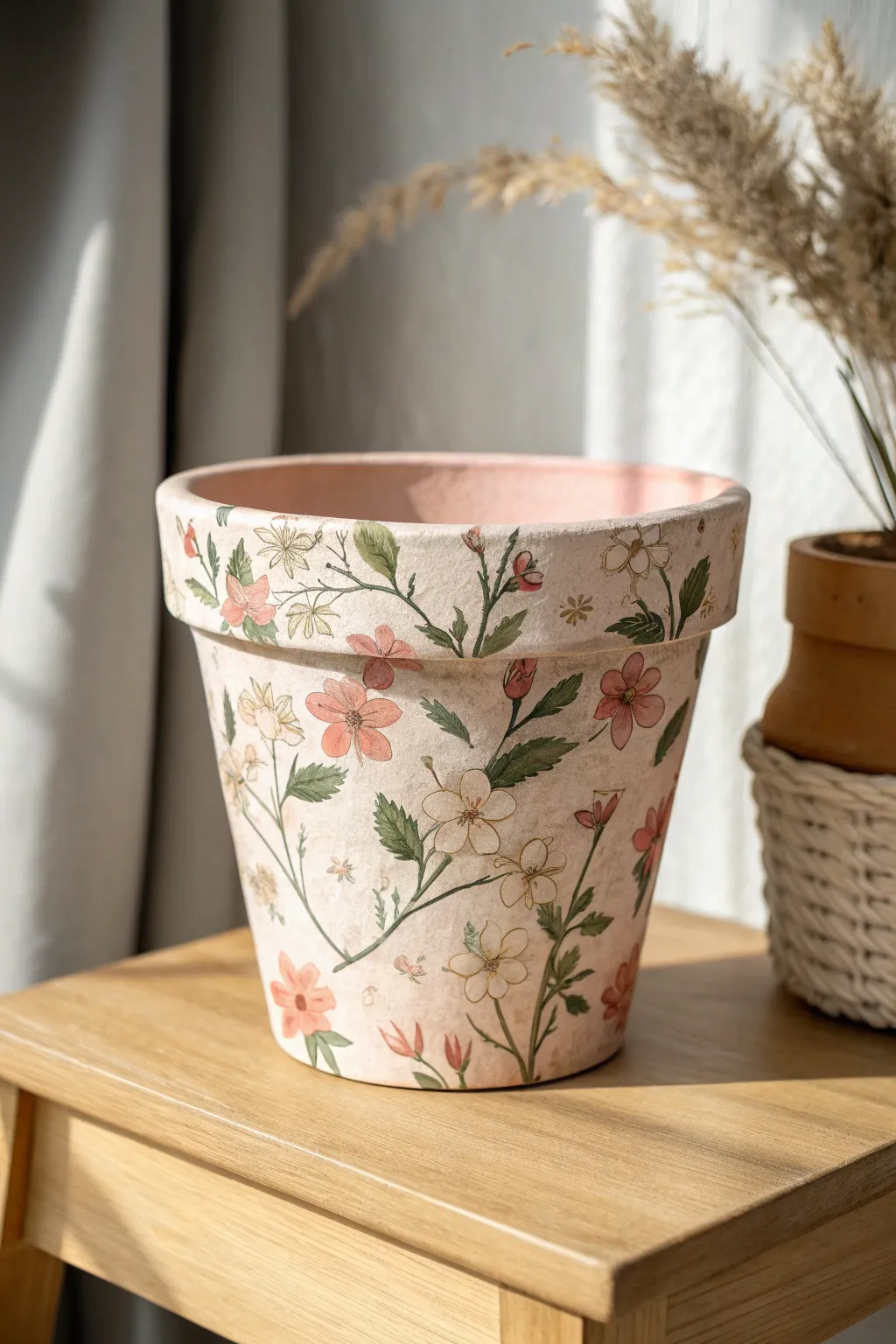 A soft floral decoupage clay pot with a sealed satin finish for simple boho charm