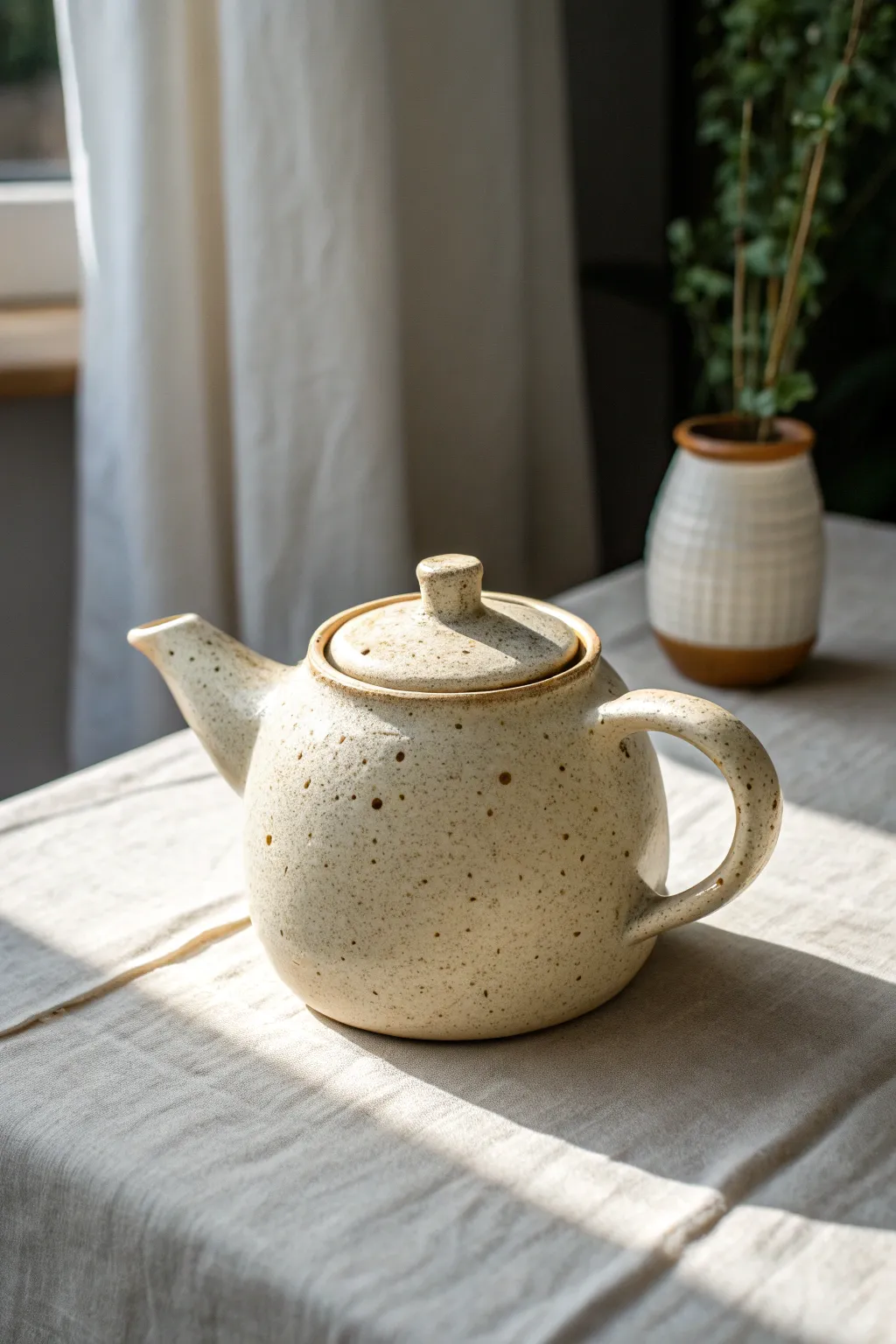 A charming wonky teapot with off-kilter lid and soft speckled glaze, simple and full of character.