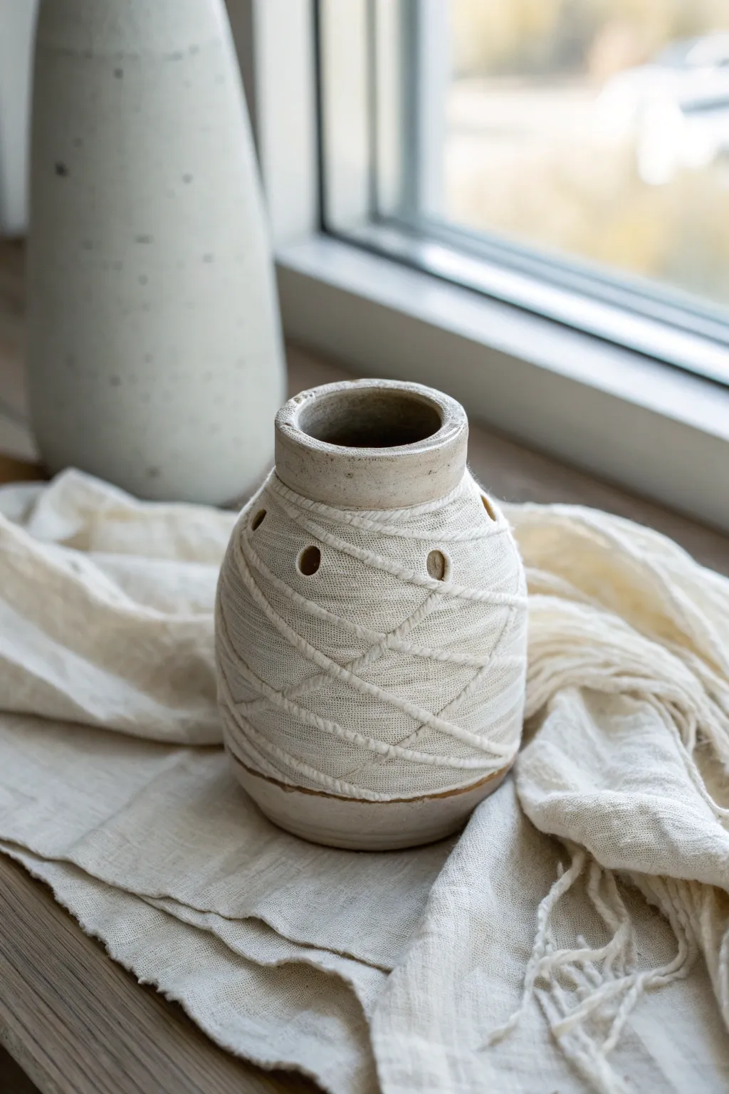 Cozy creepy: a minimalist mummy cup wrapped in bandages, perfect for spooky season pottery.