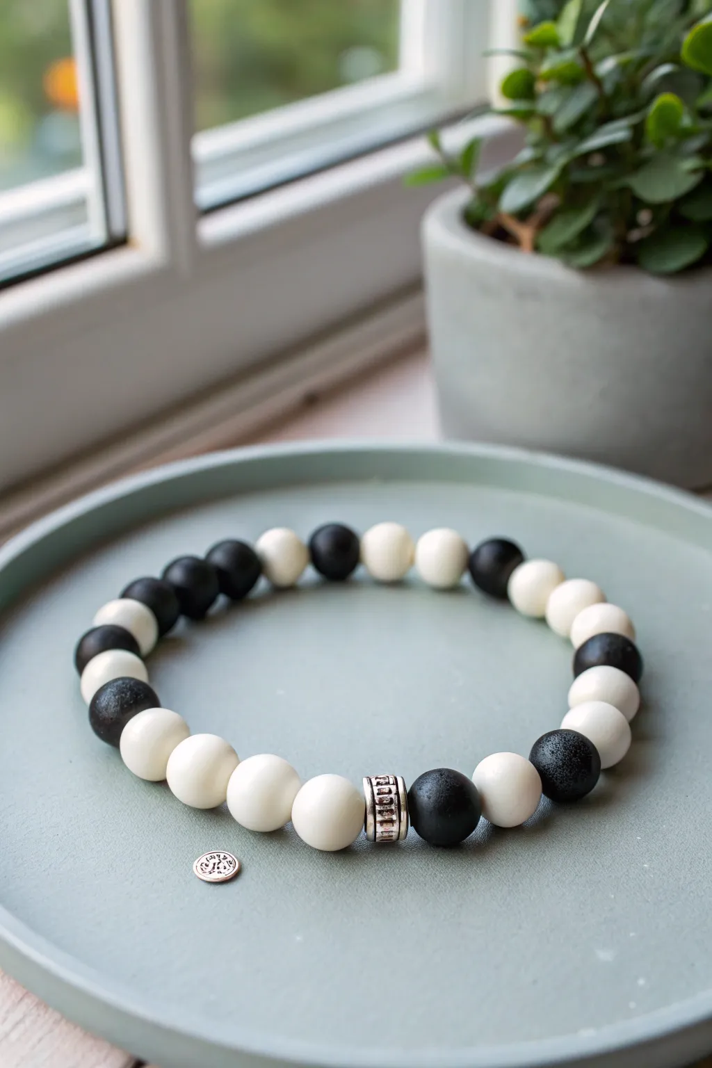 Crisp black-and-white clay bead bracelet with a tiny charm for modern minimalist style