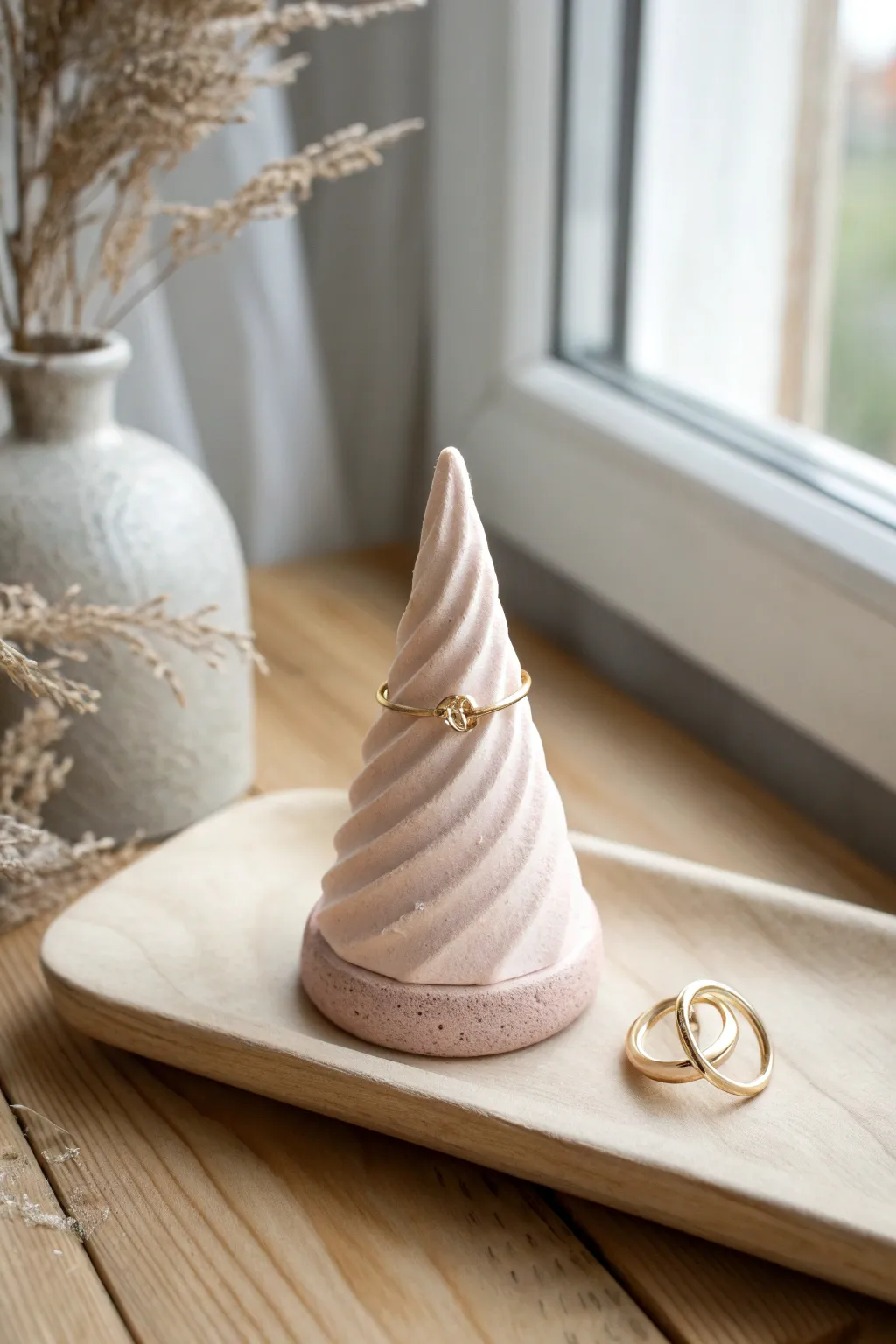 Sweet little pastel swirl ring cone with a dainty gold ring, minimalist and softly boho