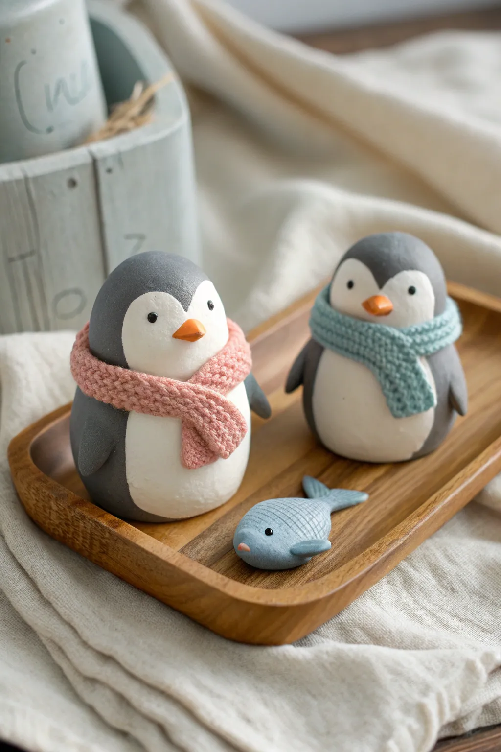 Sweet air dry clay penguin pals with a tiny scarf and fish, perfect for cozy minimalist decor.