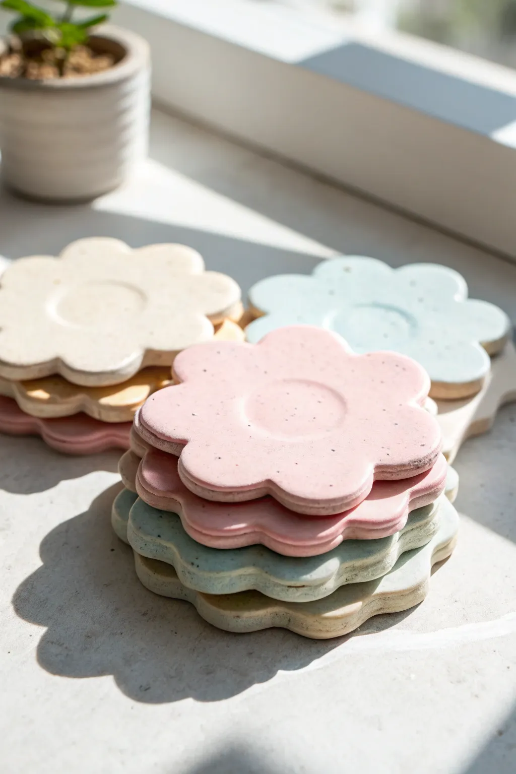 Stacked pastel daisy coasters in air dry clay, a sweet beginner friendly project with minimal charm