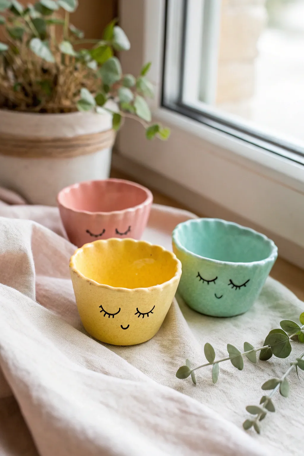Smiley face pinch pots kids can make, bright matte pastels with charming wonky vibes.