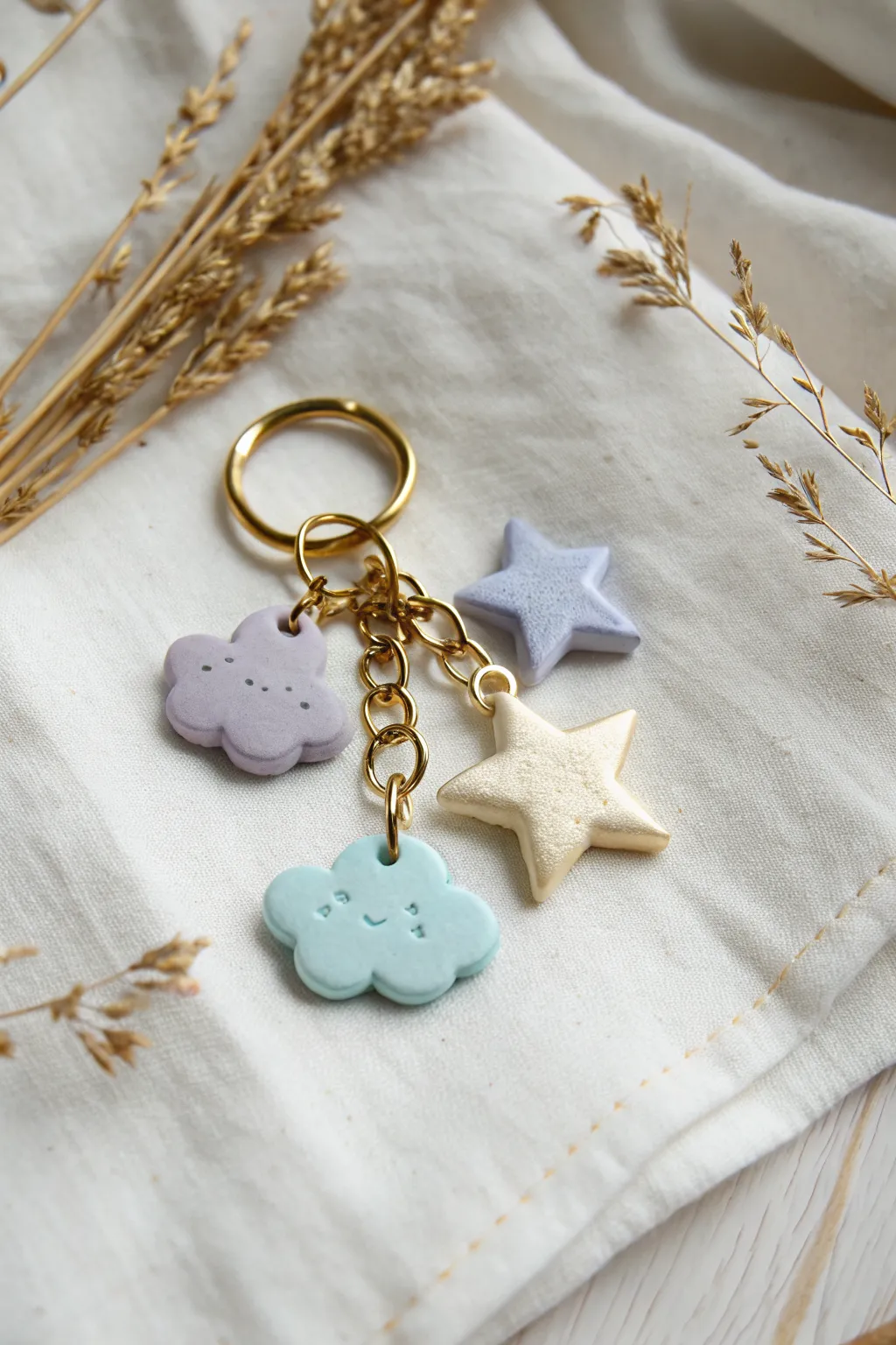 Pastel cloud and star air dry clay keychain charms with a soft minimalist, dreamy vibe