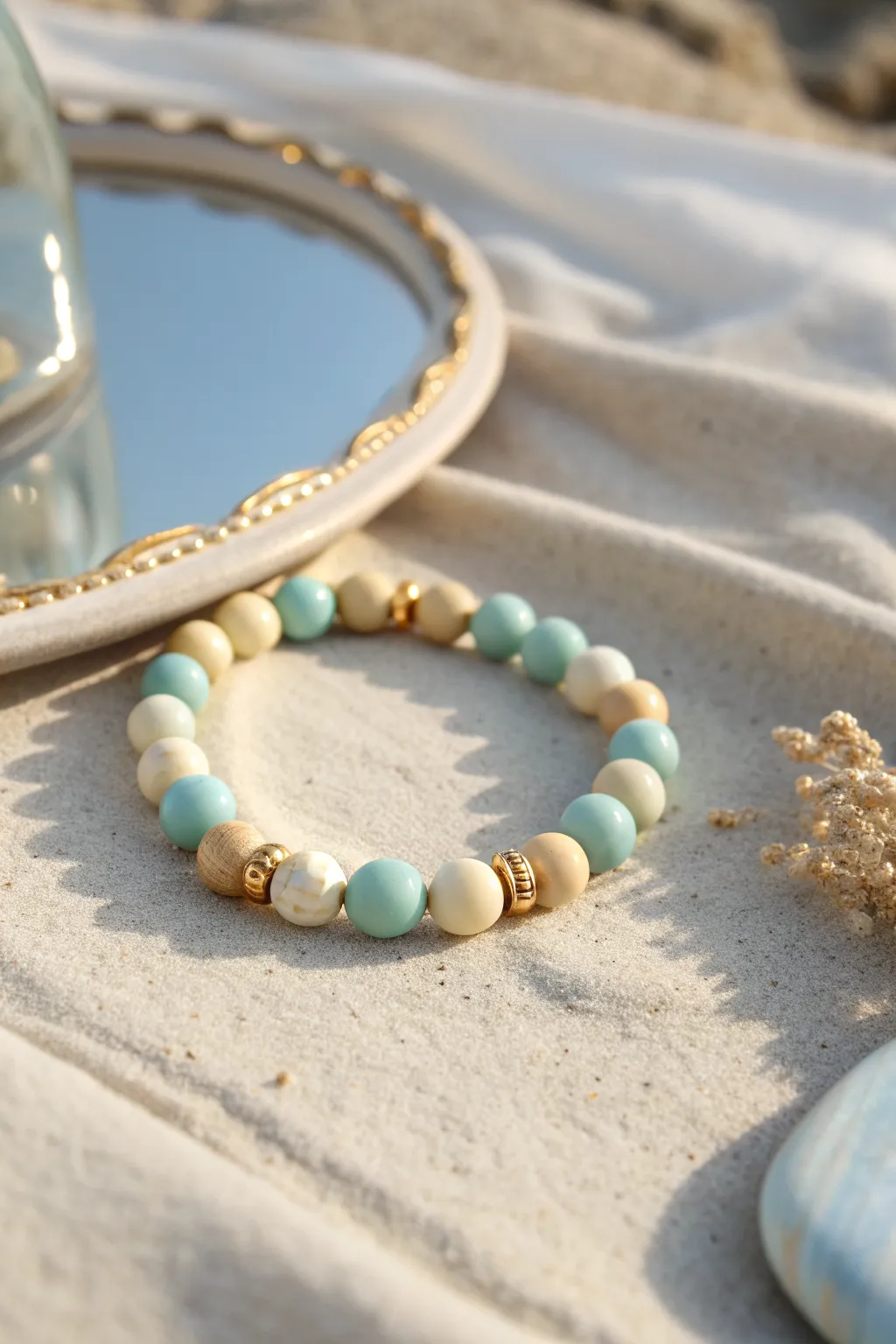 Seafoam, cream, and sky clay beads with gold spacers for an effortless sun-glint finish
