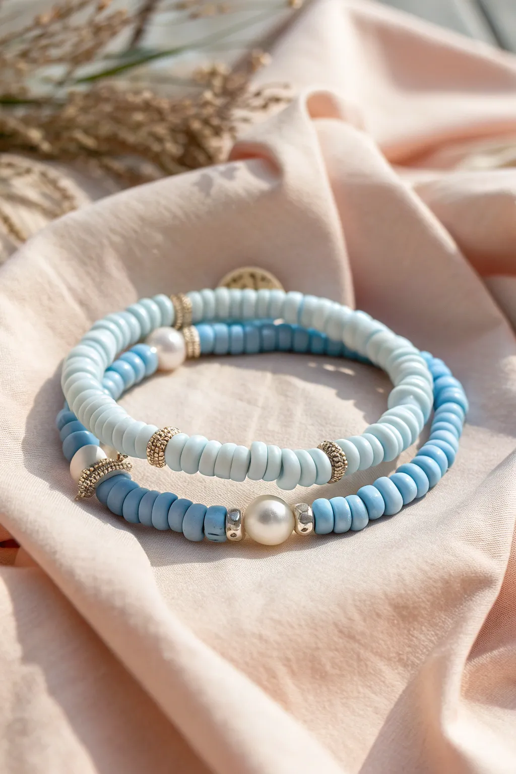 Sweetheart stack: sky-blue heishi beads paired with pearl-look accents on soft blush linen