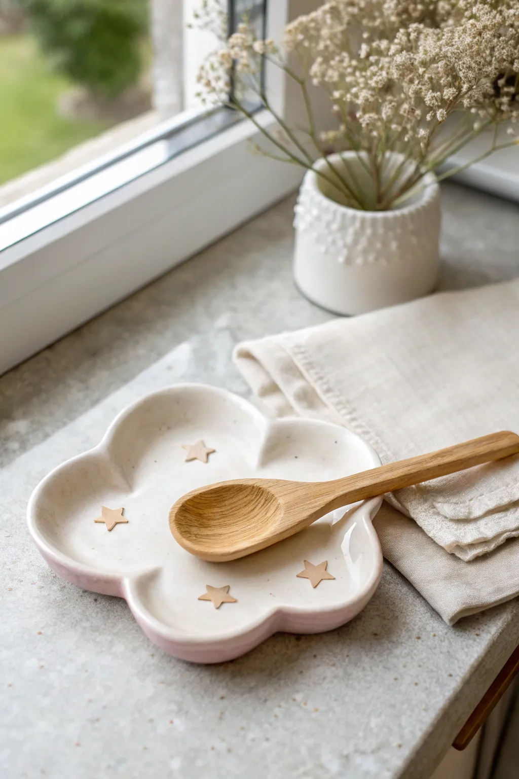 Dreamy cloud spoon rest with a tiny star detail, satin pastel glaze and cozy minimalist vibe