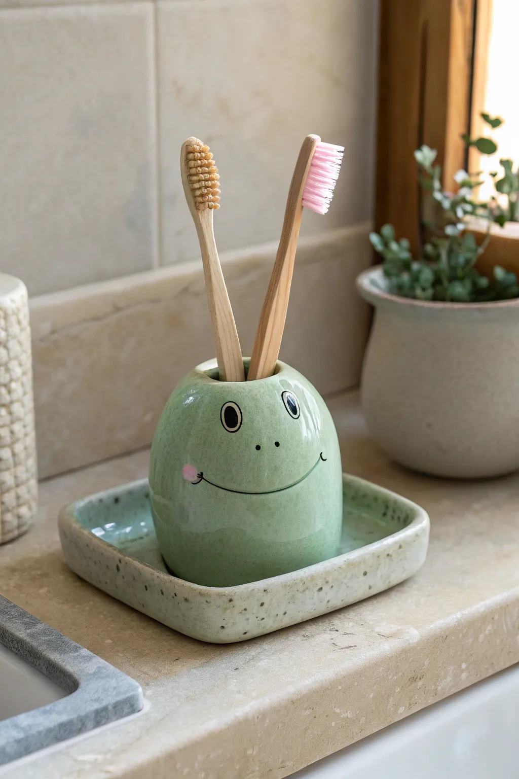 Chubby green frog toothbrush holder bringing playful charm to a calm, minimalist bathroom.