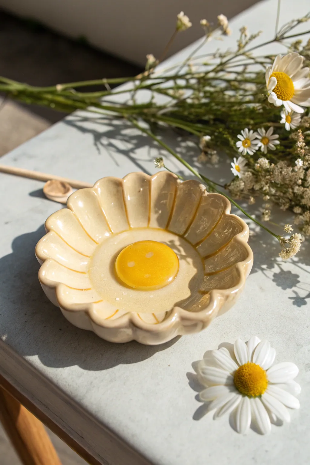 Cheerful daisy ashtray with glossy petal indents, handmade charm, and clean minimalist style.