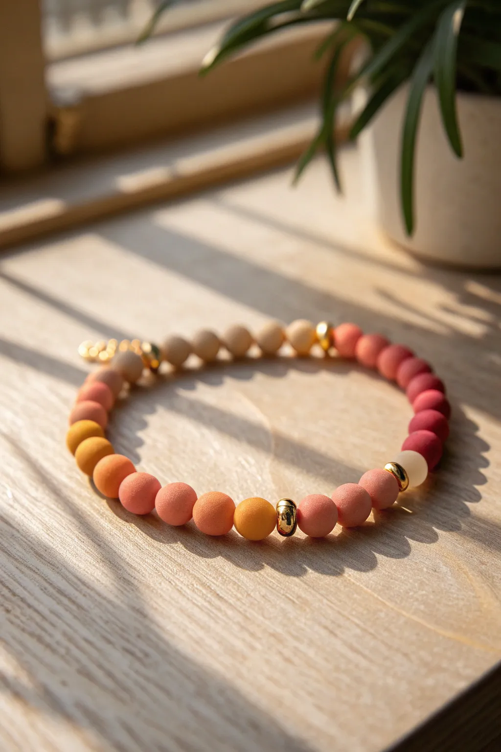 Sunset ombre clay bead bracelet in coral, peach, and gold for an easy beachy vibe
