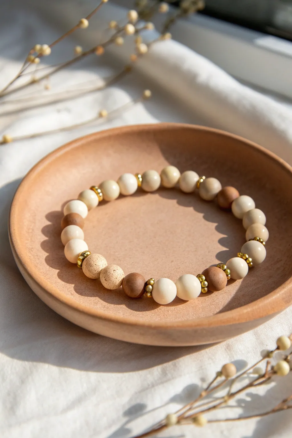 Neutral clay beads with gold spacers for an effortlessly elegant, minimalist boho bracelet