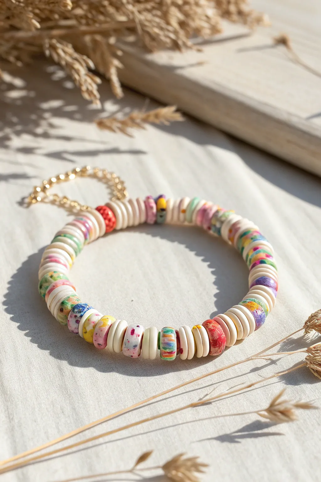 Confetti clay disc bead bracelet with a random bright mix, minimal styling, cute and easy to DIY.
