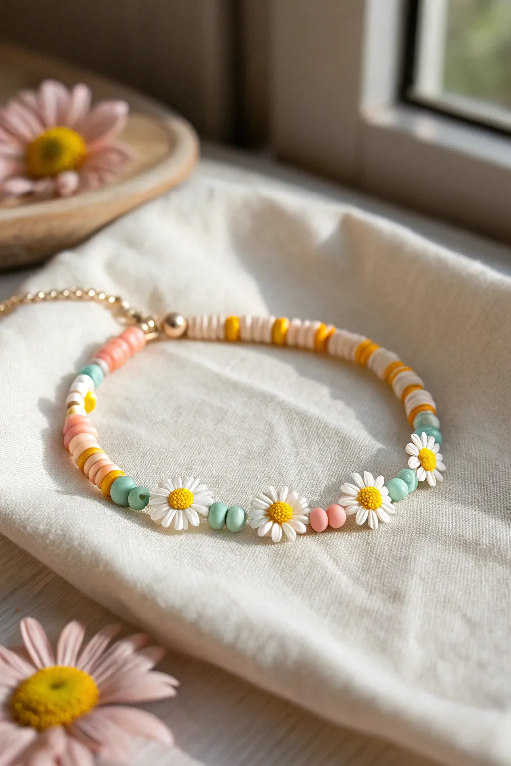 Sunny daisy chain bracelet with clay heishi beads, a minimal boho pop for summer.