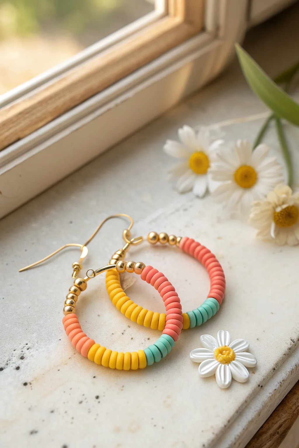 Sunny heishi hoop with daisy spacer breaks, minimalist boho vibe for playful clay bead earrings.