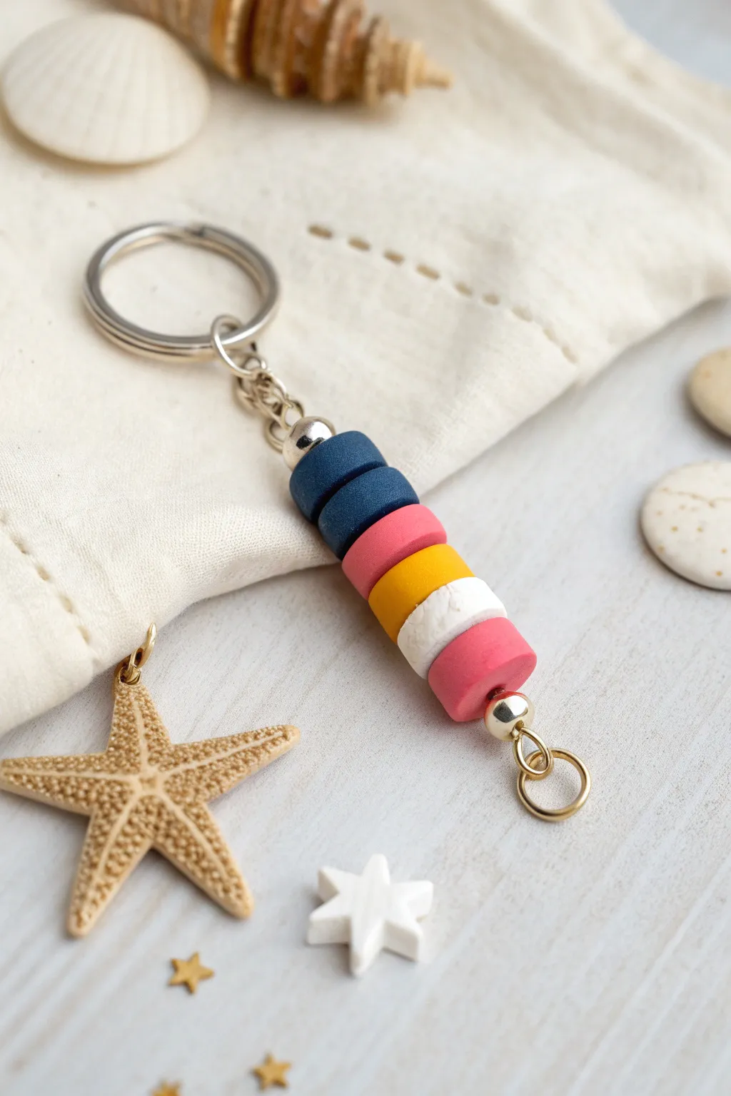 Sporty-cute clay heishi bead keychain with bold color blocks and a tiny star charm