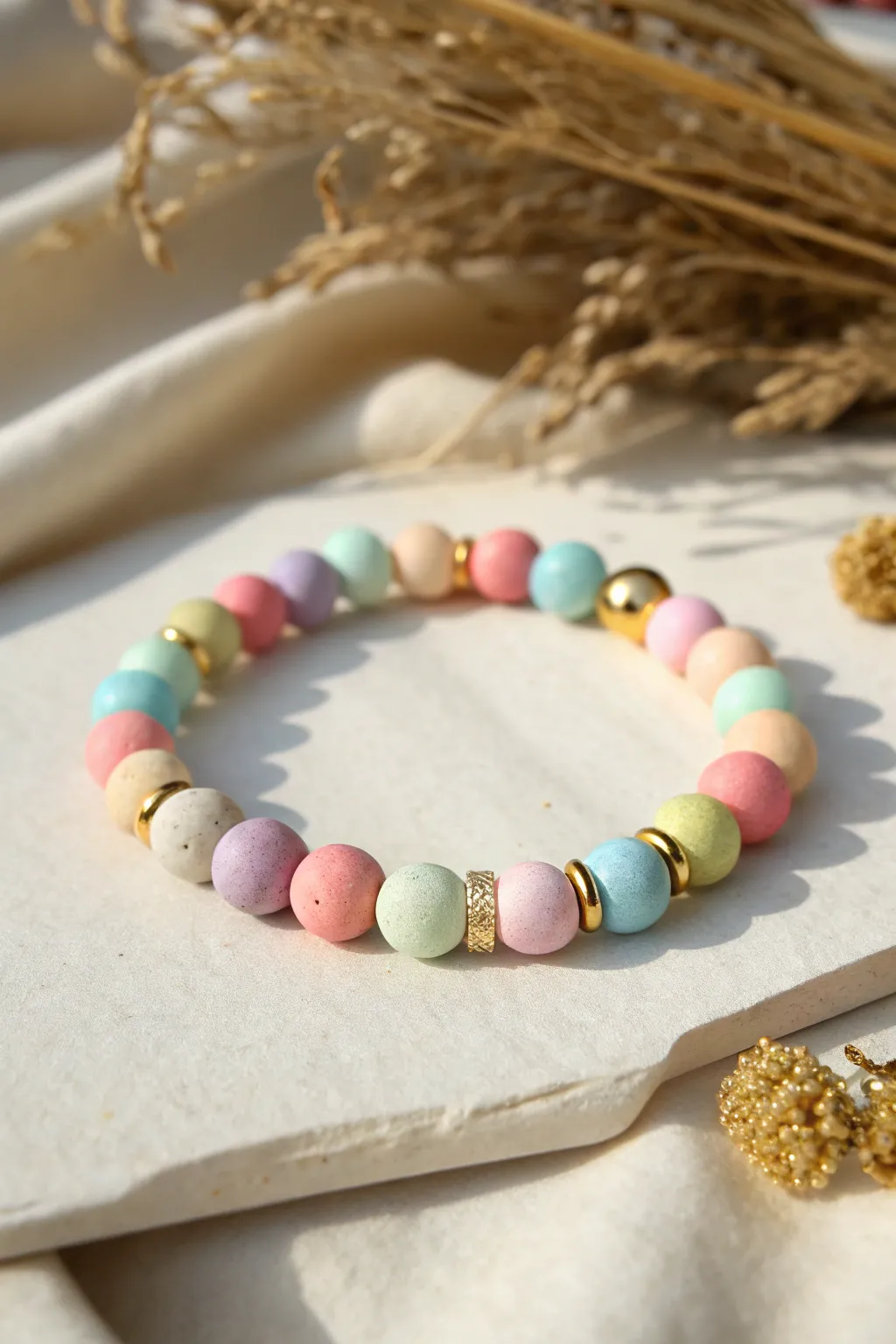 Confetti mix clay bead bracelet in candy colors with one shiny spacer, minimal boho charm.