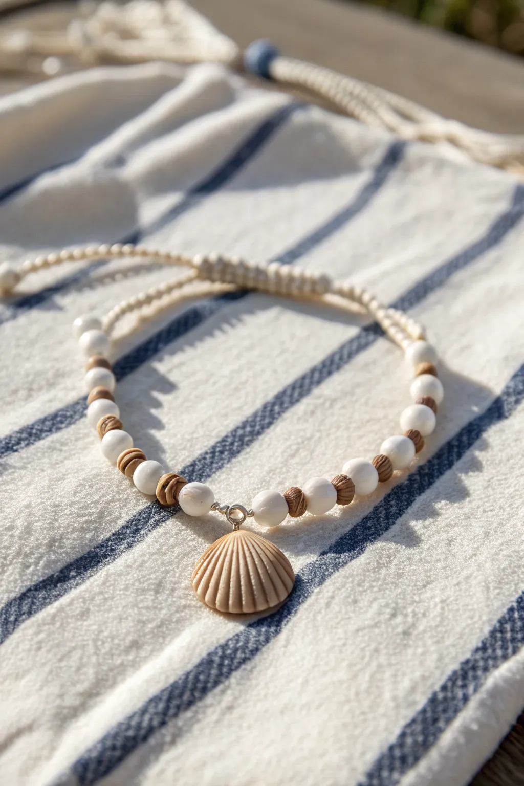 Summer-ready clay bead bracelet with a shell charm centerpiece, soft neutrals and minimalist beach styling