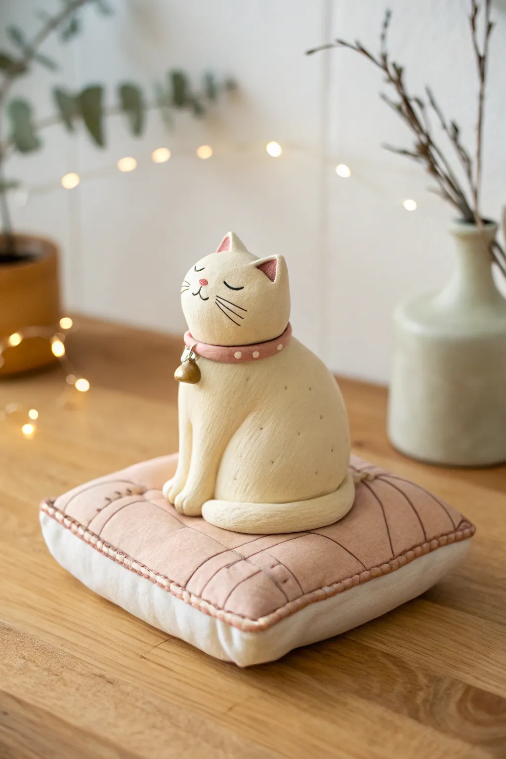 Sweet loaf-style clay cat perched on a tiny stitched cushion, minimal and irresistibly cute.