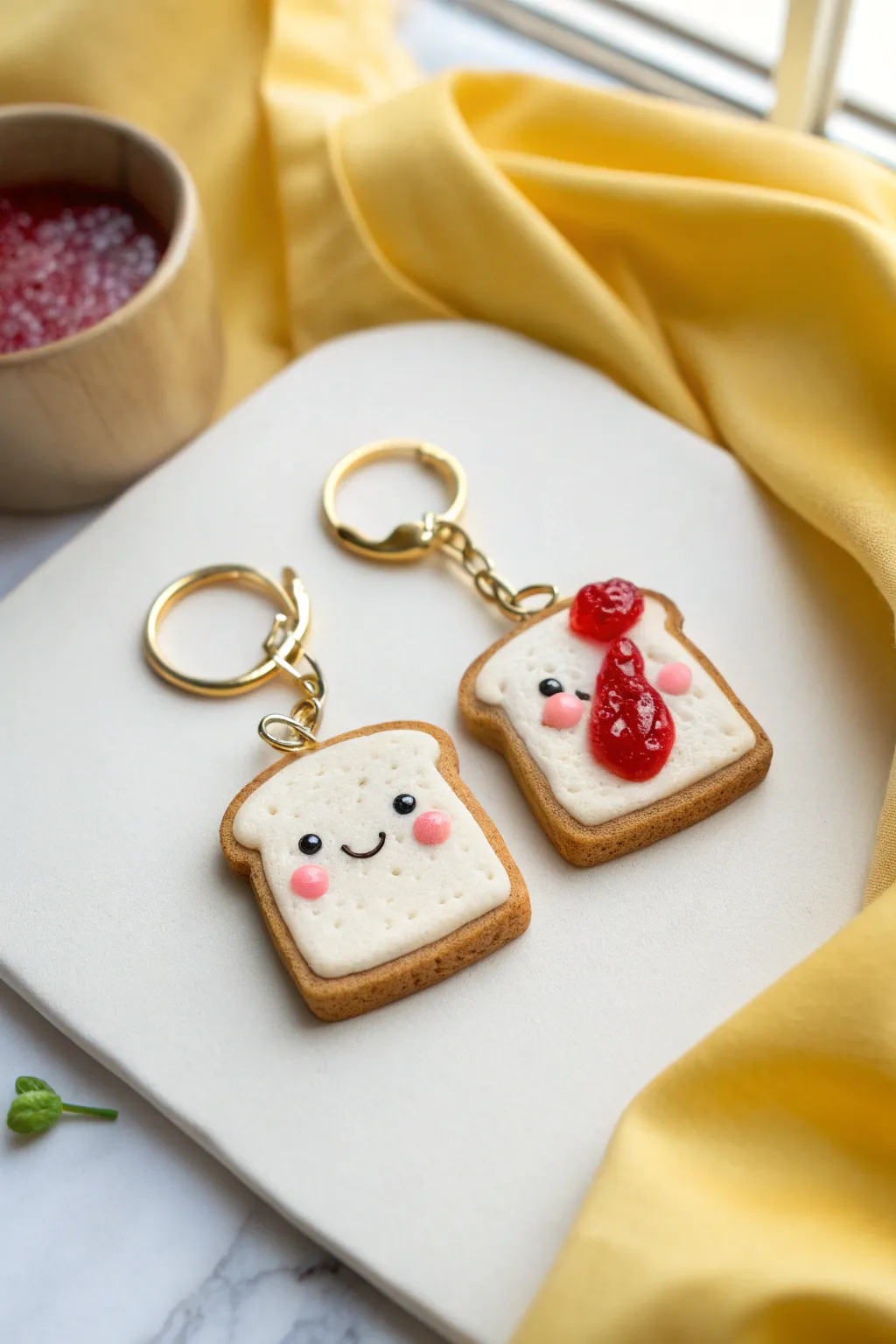 Happy toast and jam clay charms for a cozy breakfast vibe, minimalist and sweetly handmade.