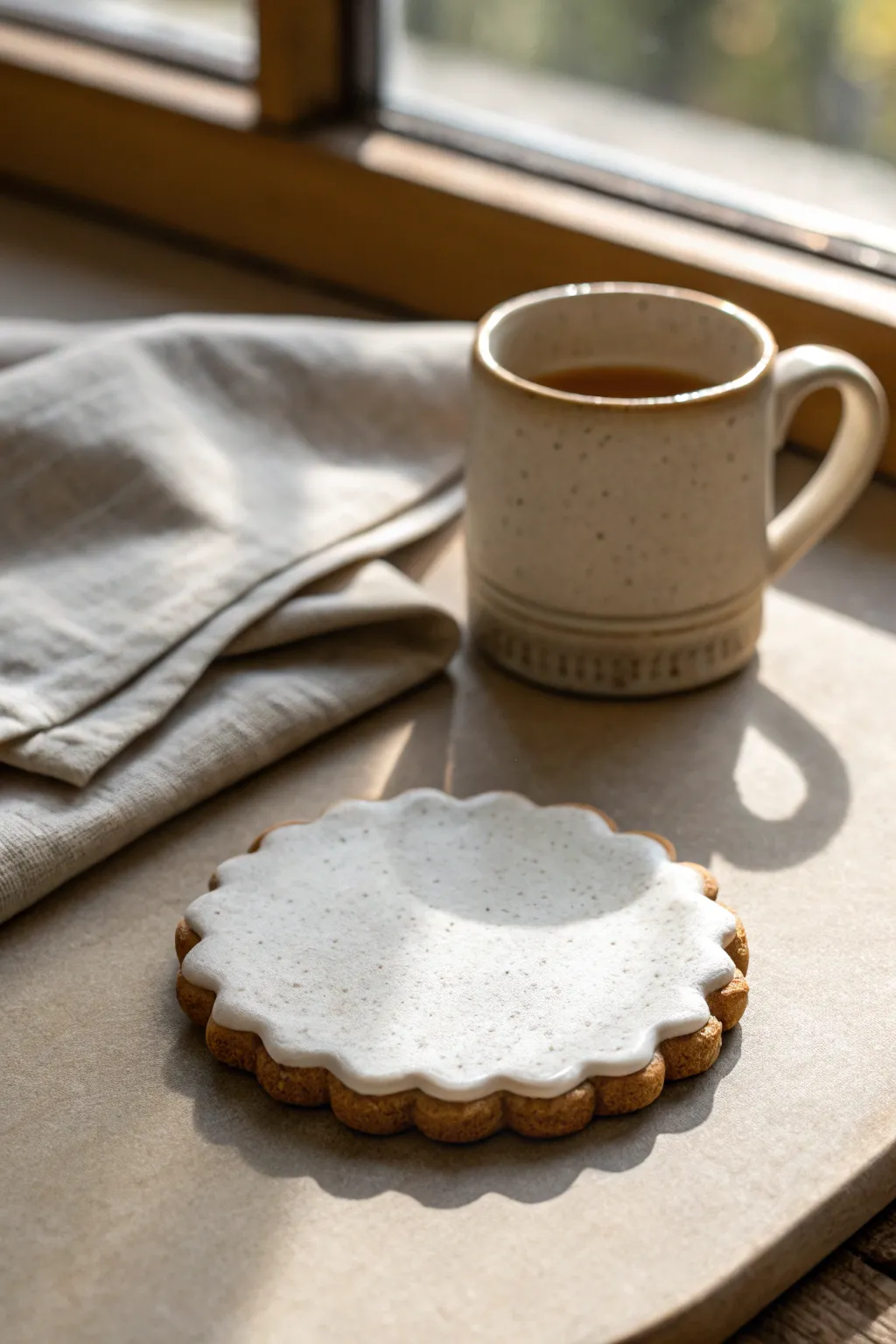 Scalloped cookie clay coaster for a cute, cozy coffee moment with minimalist Scandinavian charm