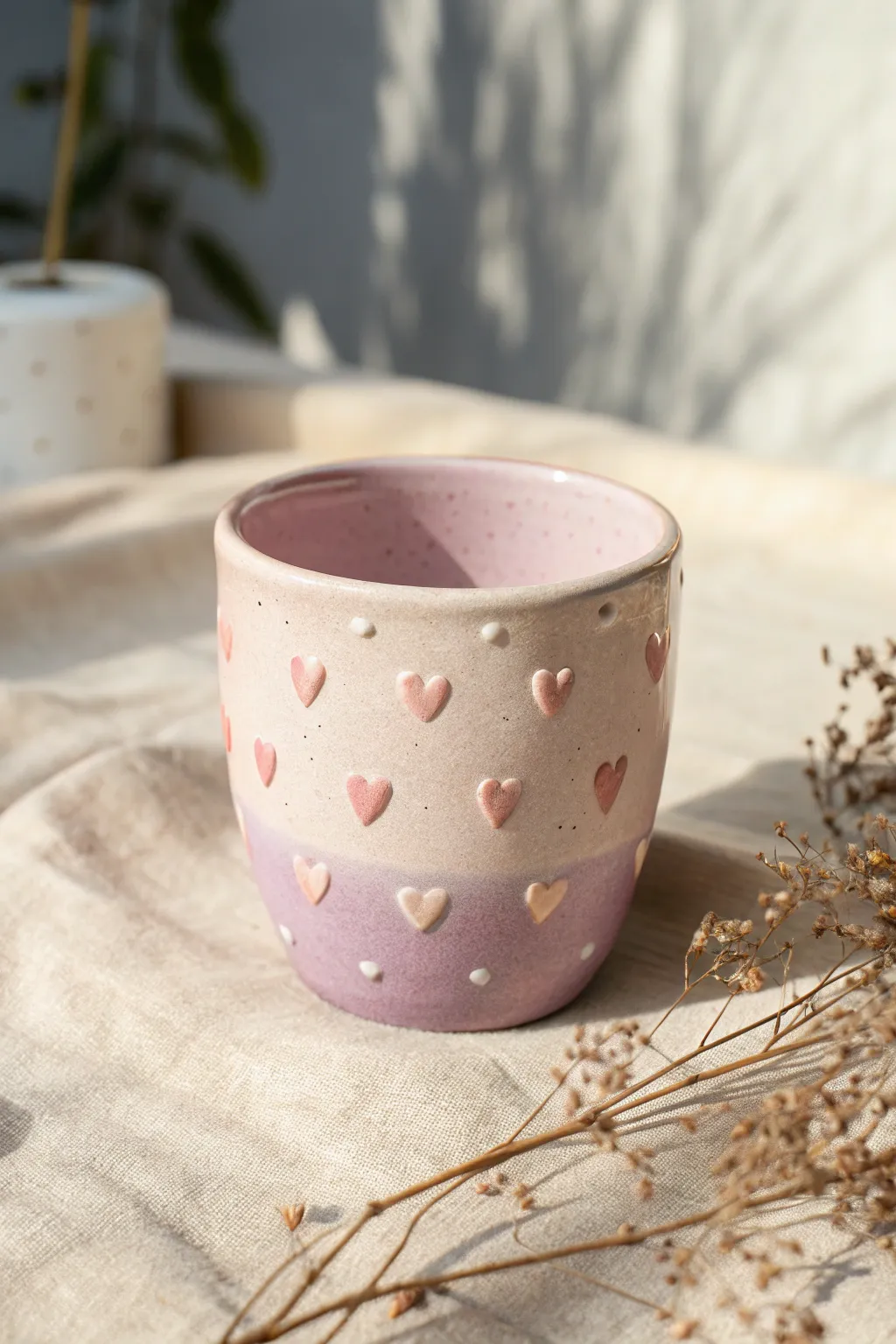 Glossy pastel cup with puffy heart appliqués, simple Scandinavian charm with a boho twist.