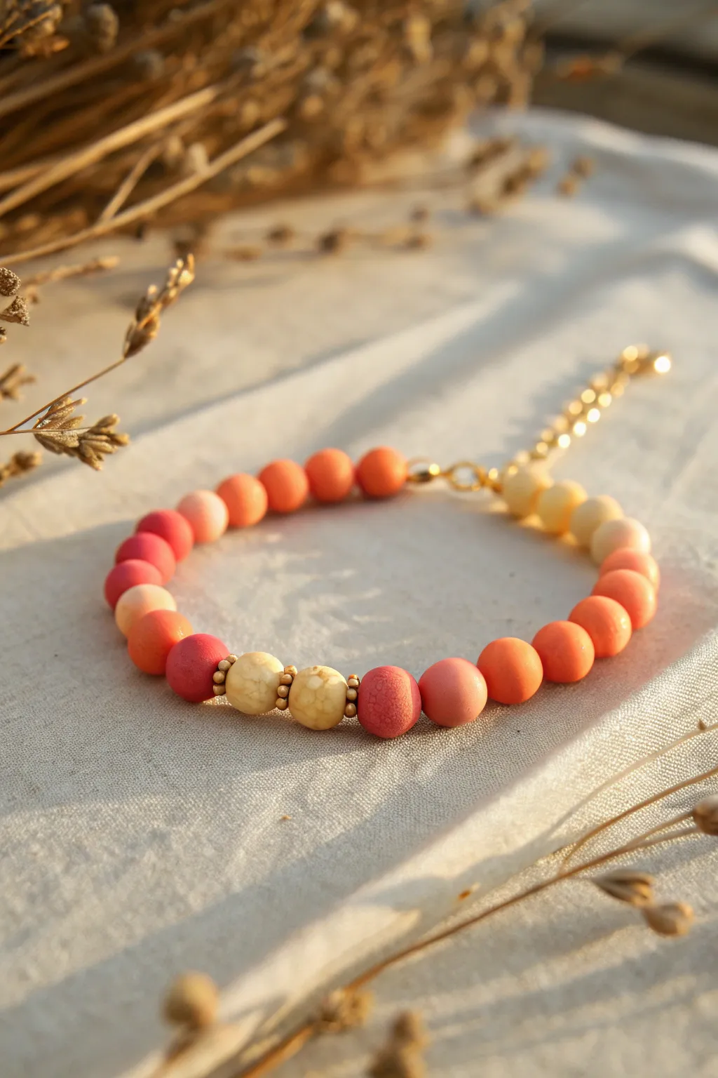 Sunset ombré clay bead bracelet fading from coral to pink to orange to soft yellow glow