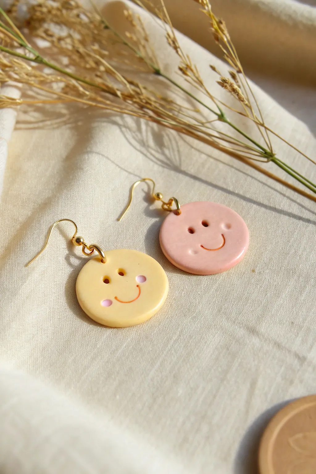 Soft sorbet smiley disc earrings in peach and butter yellow, minimal, cheerful, handmade charm