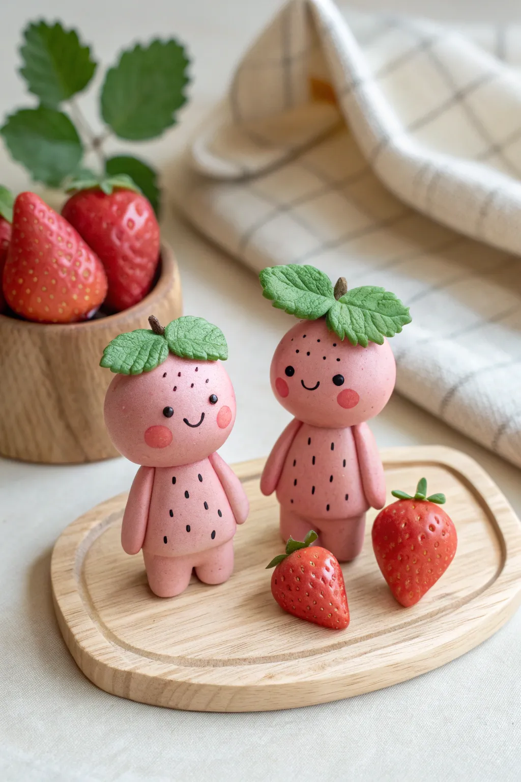 Two smiling strawberry clay friends with rosy cheeks and a tiny leaf bag for storybook charm