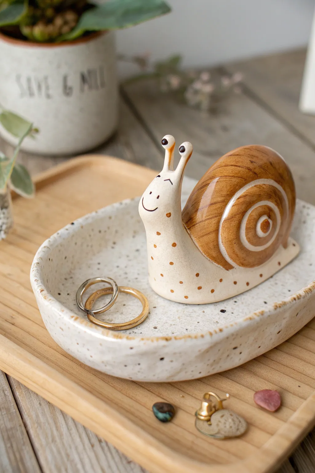 Sweet cottagecore snail trinket holder in creamy tones, perfect for rings and tiny earrings.