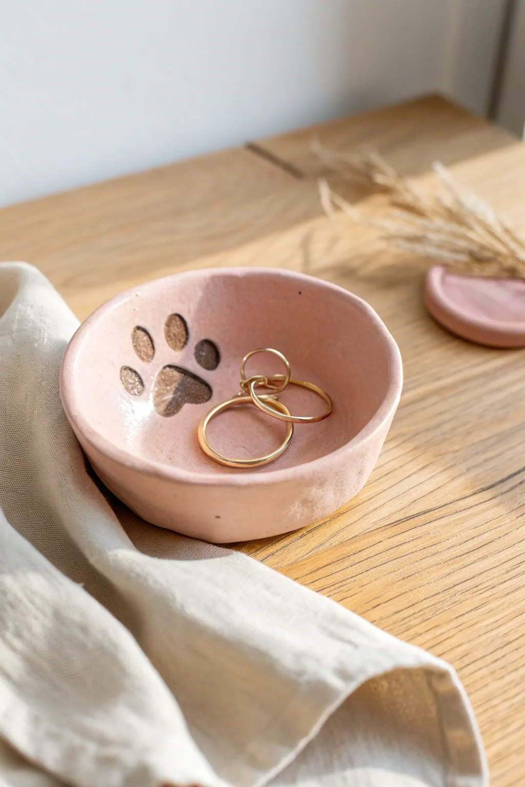 Soft pastel cat paw pinch bowl holding earrings, minimal Scandinavian styling with cozy boho charm